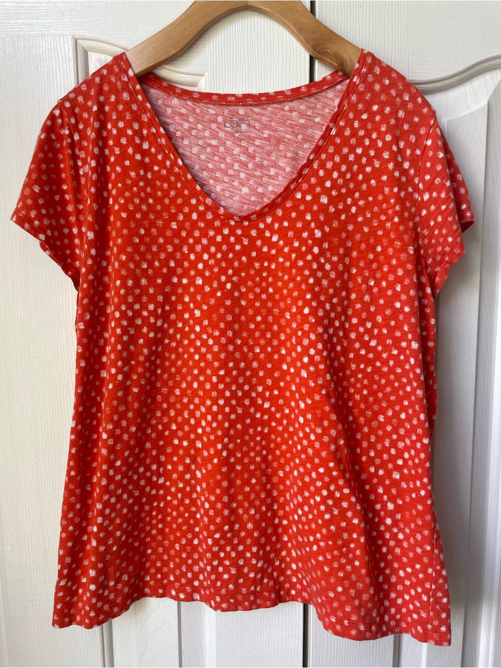 LOFT Orange Short-Sleeve V-Neck Top with White Polka Dot Print